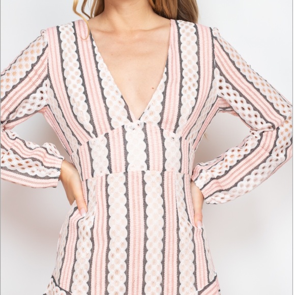 ❌DONATED❌Blush Pink Crochet Eyelets Striped Deep V Lined Dress - Picture 3 of 17